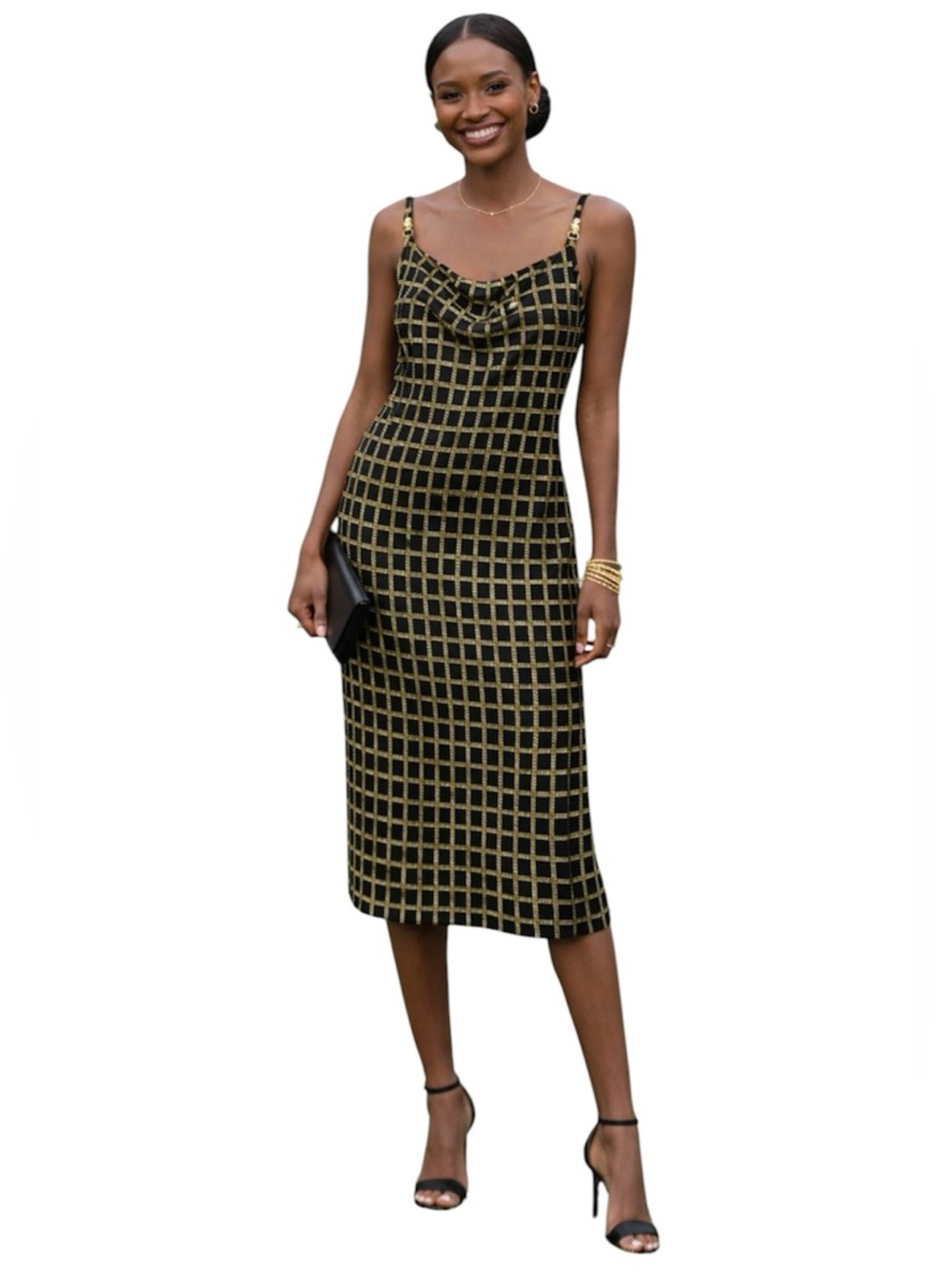 Michael Kors Sleek & Simple Midi Chainlink Gold Black Slip Dress Size: Medium